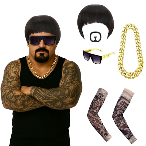 SSKHE Final Boss Meme Kostüm Set Schüssel Cut Perücke Ziegenbart Schnurrbart Sonnenbrille Goldkette & Tattoo Ärmel Lustiges 90er Meme Cosplay Ibiza Outfit für Halloween Festivals Retro Rave Party SSKHE Final Boss Meme Kostüm Set Schüssel Cut Perücke Ziegenbart Schnurrbart Sonnenbrille Goldkette & Tattoo Ärmel Lustiges 90er Meme Cosplay Ibiza Outfit für Halloween Festivals Retro Rave Party von SSKHE