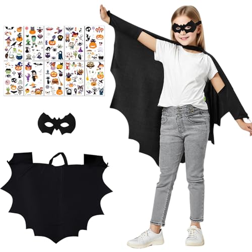 SSKHE Fledermauskostüm für Kinder – Schwarzer Fledermausumhang mit Maske, 10 temporäre Halloween-Tattoos, Battflügel, für Mädchen, Halloween-Kostüm (5-10 Jahre) von SSKHE