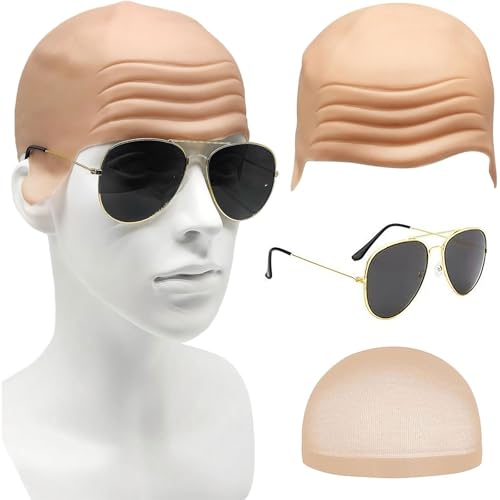 SSKHE Glatzenhut für Erwachsene Kinder, realistische dicke Haut, kahle Perückenkappe mit Sonnenbrille, Uni Mode Make-up Zubehör, ein Must-Have Verkleidung Cosplay für Rollenspiel Halloween Karneval von SSKHE