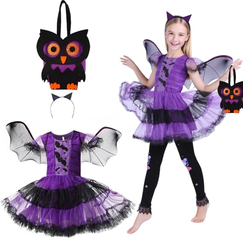 SSKHE Halloween-Kostüm-Set für Mädchen, Fledermaus, Rock, Flügel, Stirnband, Zuckertüte, Hexe, Rollenspiel, Tutu, Kleid, Kinder, Karneval, Festival, Party, Outfit, Maskeraden, Zubehör, 4-teilig von SSKHE