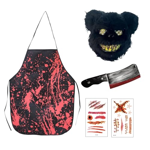 SSKHE Horrorbär Metzger Kostüm Set Halloween Outfits für Männer Frauen enthält gefälschtes Hackmesser, blutige Schürze, Narbentattoos & Schwarzbär-Maske - Perfekt für Halloween, Tag der Toten SSKHE Horrorbär Metzger Kostüm Set Halloween Outfits für Männer Frauen enthält gefälschtes Hackmesser, blutige Schürze, Narbentattoos & Schwarzbär-Maske - Perfekt für Halloween, Tag der Toten von SSKHE