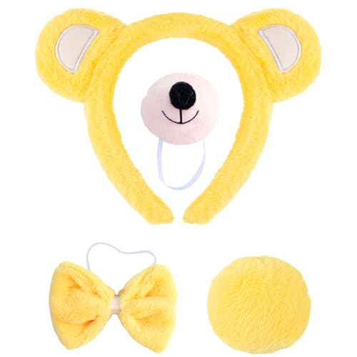 SSKHE Karnevalsbär-Kostüm für Kinder und Frauen, 4-teiliges Spielset, Karnevalsbärenrolle, Set mit Bärenohren, Haarreif, Nasenschwanz, Krawatte (Gelb) von SSKHE