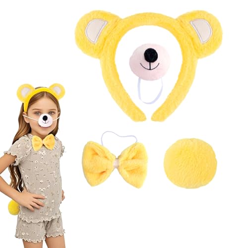 SSKHE Kinder und Frauen Karneval Bären Kleidung, 4-Stück-Set Karneval Bären Rollenspiel-Set, Kopfband Bären Ohren Set, Nasenschwanz, Krawatte (Gelb) von SSKHE
