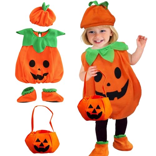 SSKHE Kürbiskostüm für Kinder Halloween – mit Süßigkeitentasche und Hut, Größe 120 cm, geeignet für Mädchen und Jungen, ideal für Kostümpartys von SSKHE