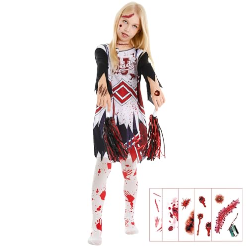SSKHE Mädchen Zombie Cheerleader Fancy Kleid Set, Rock Poms Strümpfe Gesicht Körper Tattoo Aufkleber, Angst Halloween Kostüm, Karneval Festival Party Outfit Maskeraden Zubehör SSKHE Mädchen Zombie Cheerleader Fancy Kleid Set, Rock Poms Strümpfe Gesicht Körper Tattoo Aufkleber, Angst Halloween Kostüm, Karneval Festival Party Outfit Maskeraden Zubehör von SSKHE