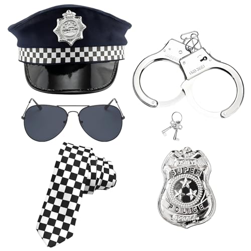 SSKHE Paket von 5 Polizeikostüm Zubehör einschließlich Polizeimann Hut, Metallhandschellen und Polizeiabzeichen, schwarze Sonnenbrille, geprüfte Fancy Kleid Krawatte, Karneval Halloween Cop Outfit von SSKHE