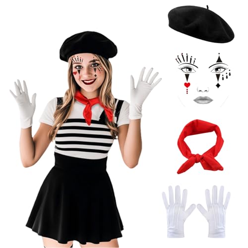 SSKHE Pantomime Costume Women Men Carnival Pantomime Costume Black Beret Hat Red Cloths White Gloves Face Tattoo Women Men Fancy Dress Costumes Carnival Theme Party SSKHE Pantomime Costume Women Men Carnival Pantomime Costume Black Beret Hat Red Cloths White Gloves Face Tattoo Women Men Fancy Dress Costumes Carnival Theme Party von SSKHE