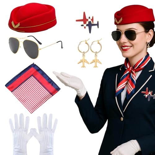 SSKHE Professionelles Flugbegleiter-Kostüm für Damen, Stewardess-Thema, Karnevalskostüm mit Hut, Schal, Handschuhen, Brosche, Halloween, Cosplay, Party, Aktivitäten, Verkleidung, 4 Stück SSKHE Professionelles Flugbegleiter-Kostüm für Damen, Stewardess-Thema, Karnevalskostüm mit Hut, Schal, Handschuhen, Brosche, Halloween, Cosplay, Party, Aktivitäten, Verkleidung, 4 Stück von SSKHE