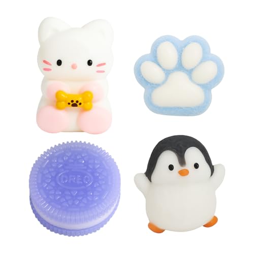 SSKHE Taba Squishy Set mit 4 Stück – Kekse violett + Blaue Katzenpfote + schwarzer und weißer Pinguin + weißes Kätzchen | Anti-Stress-Spielzeug zum Stressabbau von SSKHE