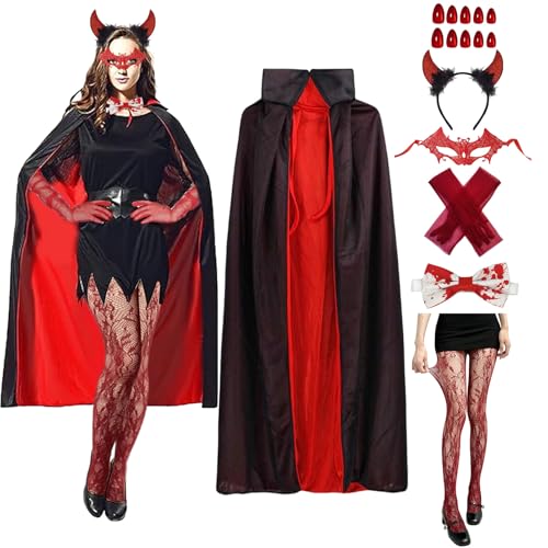 SSKHE Teufels-Halloween-Kostüme für Damen, 140 cm langer Umhang mit Maske, Horn, Handschuh, Strumpfnagel, 40 in 1 Packung, Zubehör für Maskeraden und Themenpartys SSKHE Teufels-Halloween-Kostüme für Damen, 140 cm langer Umhang mit Maske, Horn, Handschuh, Strumpfnagel, 40 in 1 Packung, Zubehör für Maskeraden und Themenpartys von SSKHE