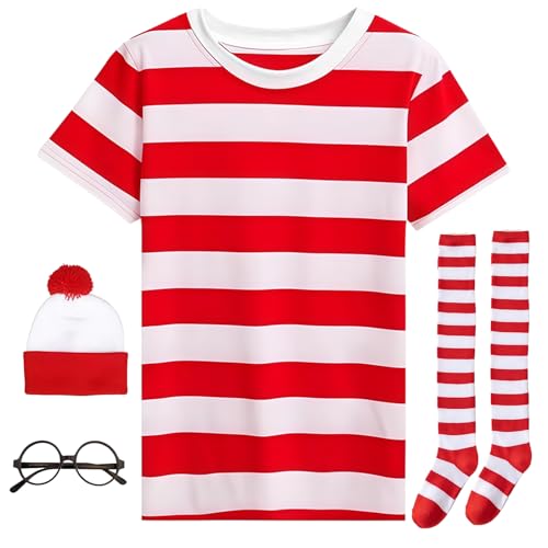 SSKHE Weltbuchtag Halloween Wally Kostüm Set, Rollenspiel Zubehör, Party Kostüm Set mit rot/weißem T-Shirt, Bob Hut, Rahmenlose Brille, Socken (L) von SSKHE