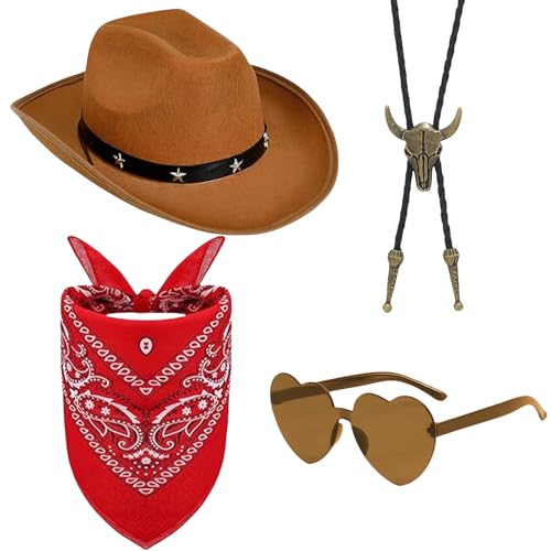 SSKHE Western Cowboy Kostüm Zubehör Set - Brauner Hut + Herzbrille + Roter Schal + Stierkopf Halskette | Unisex Cowboy Outfit für Halloween, Karneval & Cosplay Party | Essential SSKHE Western Cowboy Kostüm Zubehör Set - Brauner Hut + Herzbrille + Roter Schal + Stierkopf Halskette | Unisex Cowboy Outfit für Halloween, Karneval & Cosplay Party | Essential von SSKHE