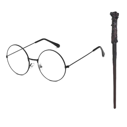 SSKHE Zauberer Kostüm Zubehör Set - 2 Pack Vintage Runde Schwarze Brille & Zauberstab, Zauberer Kostüm für Kinder und Erwachsene, Zauberer Kostüm Set für Halloween, Cosplay, Partys SSKHE Zauberer Kostüm Zubehör Set - 2 Pack Vintage Runde Schwarze Brille & Zauberstab, Zauberer Kostüm für Kinder und Erwachsene, Zauberer Kostüm Set für Halloween, Cosplay, Partys von SSKHE