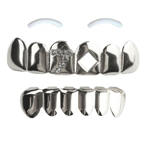 SSyang 18K Hip Hop Teeth Grills für den Mund, Zahnspange Dekoration, mit 2 Silikonformleisten, Hip Hop Teeth Grills für Mouth Top Bottom, für Musikfestivalpartys, Hip-Hop-Rapper(Silber, 7-förmig) von SSyang