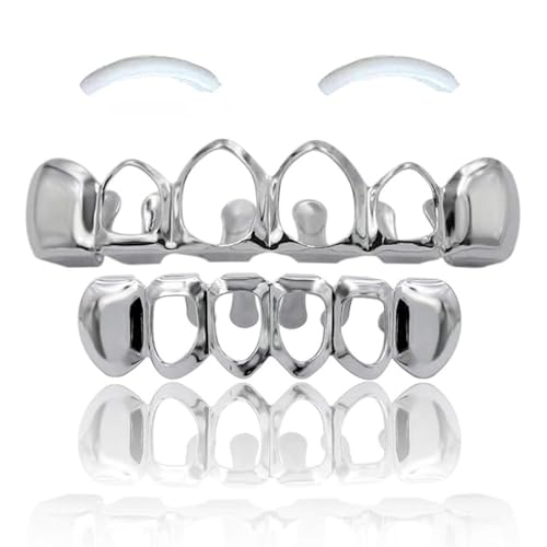 SSyang 18K Hip Hop Teeth Grills für den Mund, Zahnspange Dekoration, mit 2 Silikonformleisten, Hip Hop Teeth Grills für Mouth Top Bottom, für Musikfestivalpartys, Hip-Hop-Rapper(Silber, Hohl) von SSyang