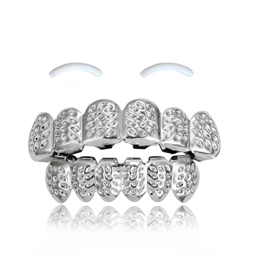 SSyang 18K Hip Hop Teeth Grills für den Mund, Zahnspange Dekoration, mit 2 Silikonformleisten, Hip Hop Teeth Grills für Mouth Top Bottom, für Musikfestivalpartys, Hip-Hop-Rapper(Silber,Blumenstil) von SSyang
