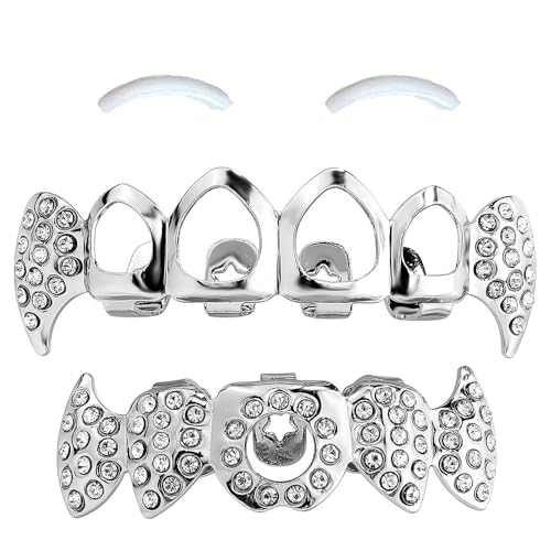 SSyang 18K Hip Hop Teeth Grills für den Mund, Zahnspange Dekoration, mit 2 Silikonformleisten, Hip Hop Teeth Grills für Mouth Top Bottom, für Musikfestivalpartys, Hip-Hop-Rapper, Silber,Hohlkacheln SSyang 18K Hip Hop Teeth Grills für den Mund, Zahnspange Dekoration, mit 2 Silikonformleisten, Hip Hop Teeth Grills für Mouth Top Bottom, für Musikfestivalpartys, Hip-Hop-Rapper, Silber,Hohlkacheln von SSyang