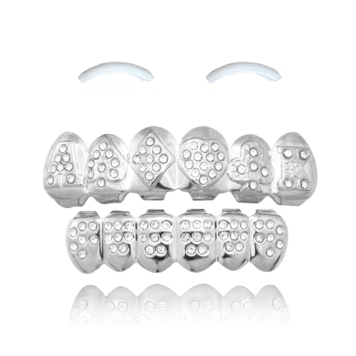 SSyang 18K Hip Hop Teeth Grills für den Mund, Zahnspange Dekoration, mit 2 Silikonformleisten, Hip Hop Teeth Grills für Mouth Top Bottom, für Musikfestivalpartys, Hip-Hop-Rapper (Silber,Diamantstil) von SSyang