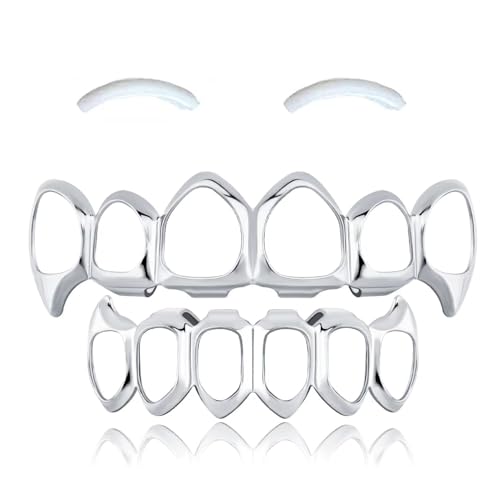 SSyang Hip Hop Teeth Grills für den Mund, Zahnspange Dekoration, mit 2 Silikonformleisten, Hip Hop Teeth Grills für Mouth Top Bottom, für Musikfestivalpartys, Hip-Hop-Rapper (Silber,Vollwertig) von SSyang