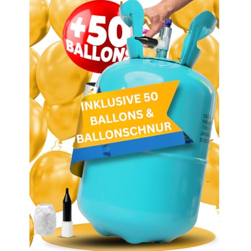 Brogaz Ballongas für ca. 50 Ballons [inklusive 50 Ballons und Schnur]– Helium Balloon Gas für bis zu [ 50 Luftballons] – Ballongas - Helium Gasflasche inkl. STAHLMANN ® Informationsblatt von STAHLMANN