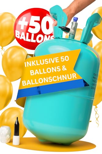 Brogaz Ballongas für ca. 50 Ballons [inklusive 50 Ballons und Schnur]– Helium Balloon Gas für bis zu [ 50 Luftballons] – Ballongas - Helium Gasflasche inkl. STAHLMANN ® Informationsblatt von STAHLMANN