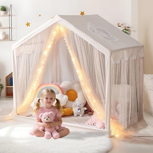 Großes Kinderspielzelt mit sternförmigen Fenstern und atmungsaktiven Vorhängen, für drinnen und draußen, Schlossspielhaus für Kleinkinder, Geschenkfertiges Prinzessinnenzelt für Mädchen und Jungen von STAOLENE