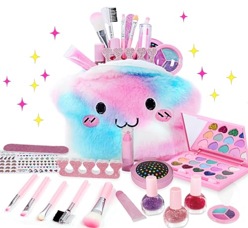 STAY GENT Echt Kinderschminke Set für Mädchen, 19pcs Kinder Schminke Spielzeug mit Sterne Plüsch Tasche/3 Farben Quick-Dry Kindernagellack, Kosmetik Geschenke für 3+ Jahre Geburtstag Weihnachten von STAY GENT