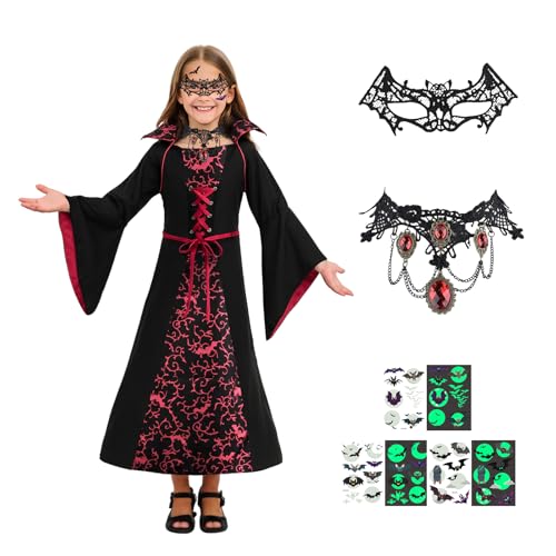 STEFUEWILL17 Vampir Kostüm Mädchen Fasching Cosplay Vampir Königin Böse Hexe Mittelalter Gothic Vintage Kleid mit Halskette und Gebiss für Kinder Halloween,130 von STEFUEWILL17