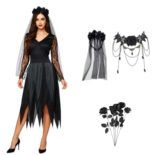 Zombie Brautkostüm Damen, Damen Horror Cosplay Set, Horror Brautkostüm Langärmeliges gotische Spitzenkleid mit Haargurt, gotische Halskette und schwarze Rosen von STEFUEWILL17