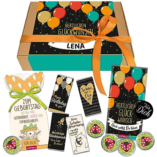 STEINBECK Personalisierte Geschenkbox zum Geburtstag mit Name Vorname Schokolade Fruchtgummi Taler Minischokolade mit Botschaft Luftballons Geschenk von STEINBECK
