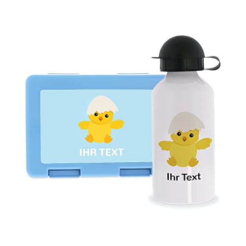 STEMPEL-FABRIK – personalisierbare Lunchbox Hellblau und Trinkflasche mit Namen – Küken – Geschenk - Set – Individuelle Brotbox und Wasserflasche für Kinder – Einschulungsgeschenk mit Tiermotiv von STEMPEL-FABRIK