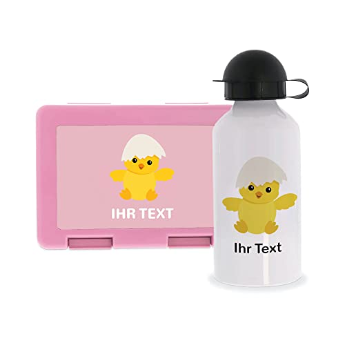 STEMPEL-FABRIK – personalisierbare Lunchbox Pink und Trinkflasche mit Namen – Küken – Geschenk - Set – Individuelle Brotbox und Wasserflasche für Kinder – Einschulungsgeschenk mit Tiermotiv von STEMPEL-FABRIK