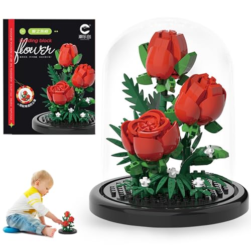 STEPRITP Blumen Miniaturbausteine, Blumen Rose Klemmbausteine Bausteine Blumenstrauß Set Mit staubdichter Kuppel, Eternal Rose Klemmbausteine Blumen Für Mama Freundin Partner von STEPRITP