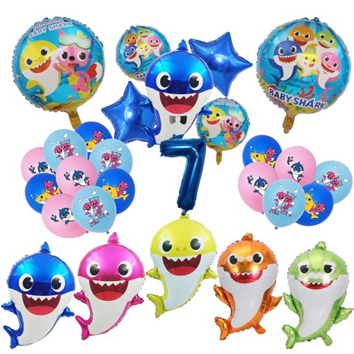STEPRITP Shark Geburtstagsdeko 7 Jahre, Shark Birthday Party Set Shark Folienballons Für Kinder Luftballons Party Deko Set, Für Kinder Jungen Mädchen Geburtstagsfeier Dekoration von STEPRITP