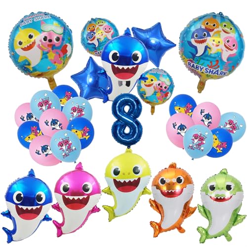 STEPRITP Shark Geburtstagsdeko 8 Jahre, Shark Birthday Party Set Shark Folienballons Für Kinder Luftballons Party Deko Set, Für Kinder Jungen Mädchen Geburtstagsfeier Dekoration von STEPRITP
