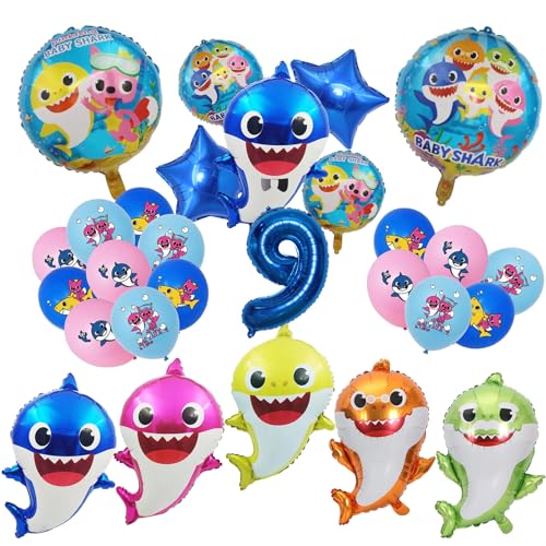 STEPRITP Shark Geburtstagsdeko 9 Jahre, Shark Birthday Party Set Shark Folienballons Für Kinder Luftballons Party Deko Set, Für Kinder Jungen Mädchen Geburtstagsfeier Dekoration von STEPRITP