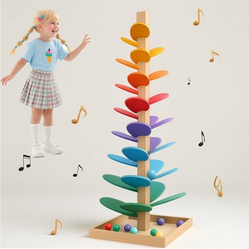 STFALI Kugelbahn Holz Höhe 71 cm, Murmelbahn Holz, Regenbogen Holzspielzeug mit 10 Regenbogenbälle, für Kinder, Im Klassenzimmer Oder In Der Schule Zu Hause von STFALI