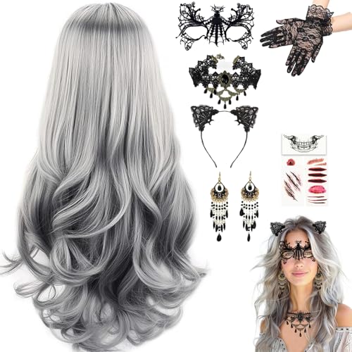 STFYUG Halloween Perücke Damen Grau, Grey Wig Lang Haar Gelockt, Lange Gewellt Silber Grau Perücke, Perücke Damen Grau, Hexenperücke Gotisch Halskette Armbänder, für Halloween Karneval, Mottoparty von STFYUG