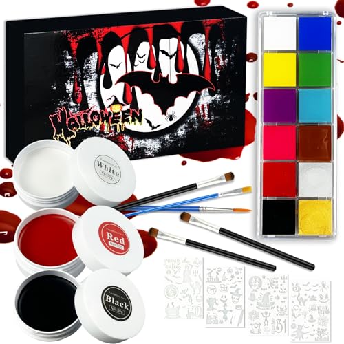 STFYUG Halloween Schminke Schwarz Weiß Rot, 13 Pcs Halloween Make Set, Halloween Make up Set, Schwarze und Weiß Gesichtsfarbe mit Makeup Pinsel für Zombies, Vampire, Monster, Cosplay von STFYUG