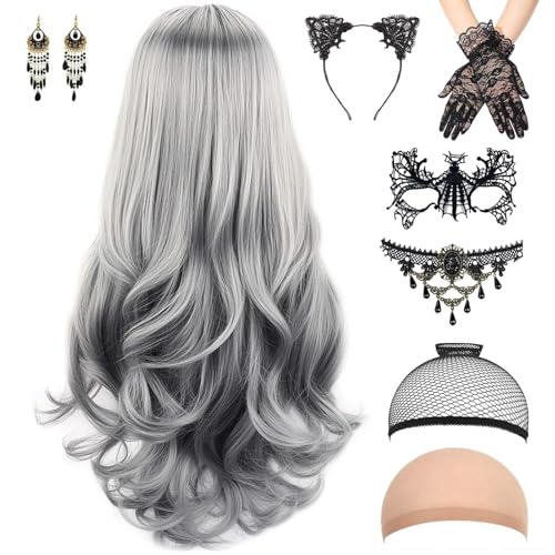 STFYUG Perücke Damen Grau, Lange Gewellt Silber Grau Perücke, Grey Wig Lang Haar Gelockt, Hexenperücke Gotisch Halskette Armbänder, für Halloween Karneval, Mottoparty von STFYUG