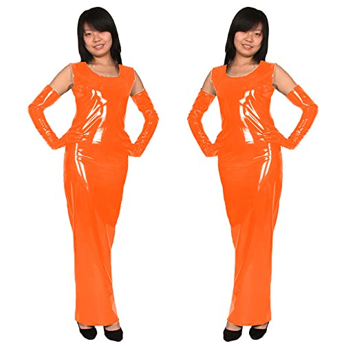 Ärmelloses, glänzendes PVC-Lederkleid mit Handschuhen, Vintage-Kleid für Frauen, sexy Cosplay-Kostüme, Übergröße 7XL, Orange, 7XL von STHEFF