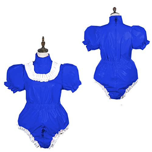 Bodysuit, glänzend, PVC, kurzärmelig, Dienstmädchenkleid, abschließbar, Übergröße, Blau, XXXL von STHEFF