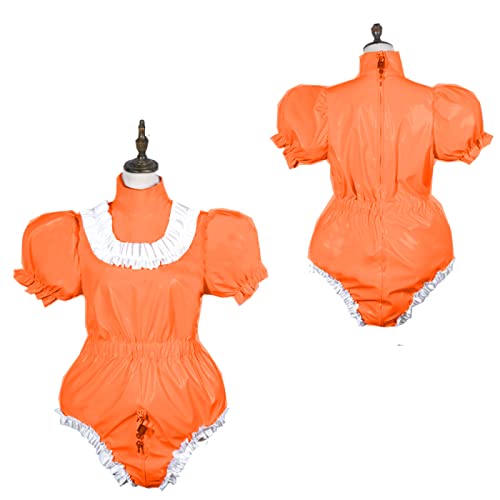 Bodysuit, glänzend, PVC, kurzärmelig, Dienstmädchenkleid, abschließbar, Übergröße, Orange, L von STHEFF