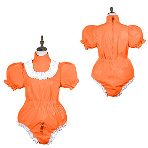 Bodysuit, glänzend, PVC, kurzärmelig, Dienstmädchenkleid, abschließbar, Übergröße, Orange, XXXL von STHEFF