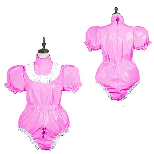 Bodysuit, glänzend, PVC, kurzärmelig, Dienstmädchenkleid, abschließbar, Übergröße, Rosa, M von STHEFF