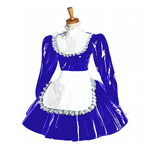 Langärmeliges Minikleid für Damen, Spitzenkleid, PVC, Wetlook, Dienstmädchen-Kostüm, Blau, Größe 6XL von STHEFF