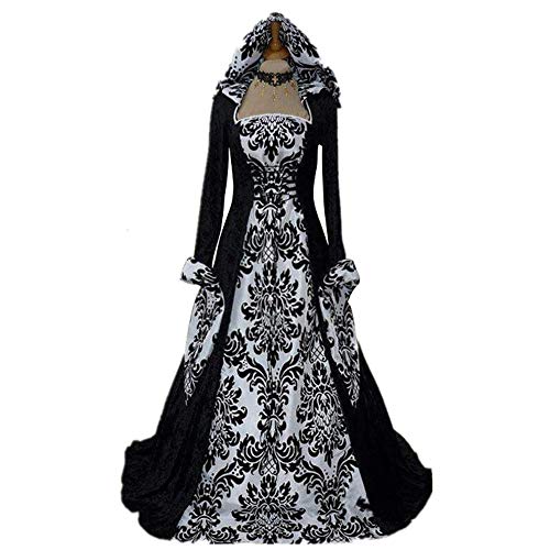 STIOEDYUAN Viktorianisches Gothic-Hexenkleid mit Kapuze, Vampir-Zauberin, Halloween-Kostüm, Cosplay, Vintage, Renaissance, Ballkleid (schwarz + weiß, Größe XXXL) von STIOEDYUAN