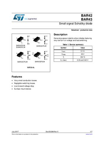 STMicroelectronics Schottky-Diode BAR43SFILM SOT-23 Tape on Full reel von STMICROELECTRONICS