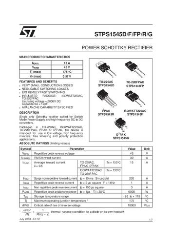 STMicroelectronics Schottky-Diode - Gleichrichter STPS1545D TO-220AC 45V Einzeln von STMICROELECTRONICS