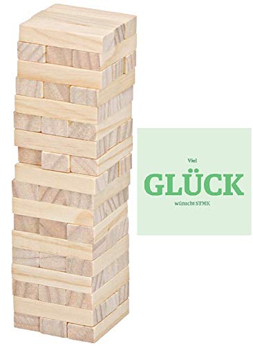 STMK Wackelturm, Stapel-Turm aus Holz, 60 Teile,ca 20 x 7cm + gratis Glück Aufkleber von STMK